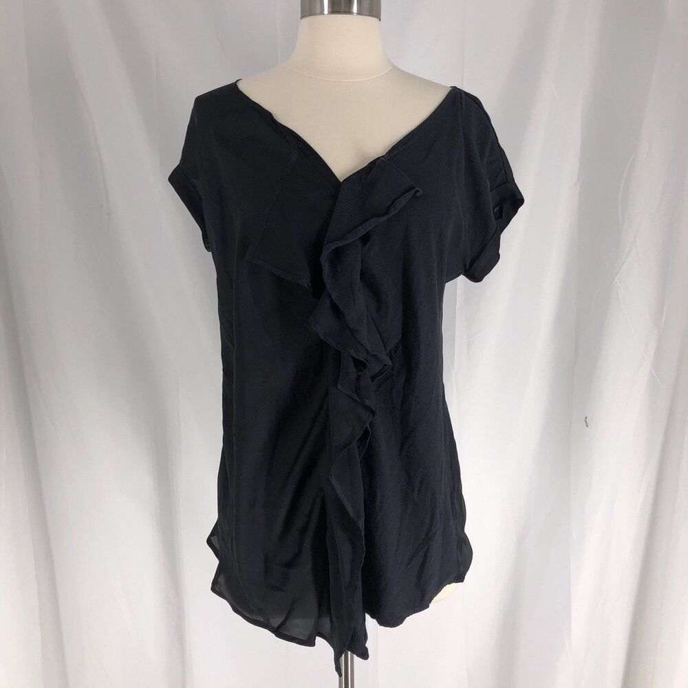 Calvin Klein Ruffled V Neck Black Short Sleeve Top Medium